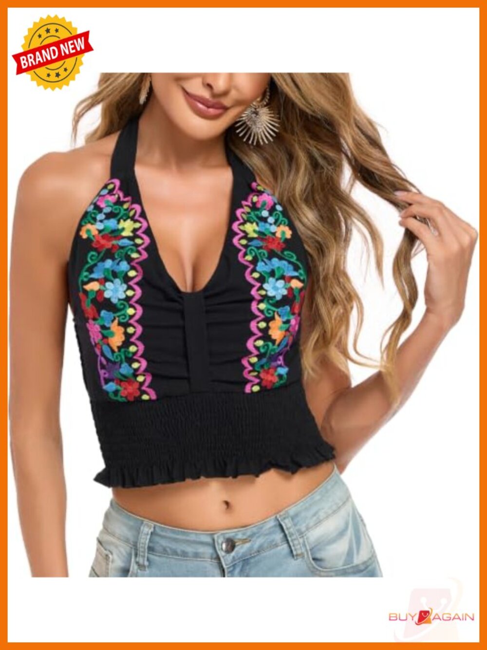 Mexican Embroidered Halter Crop Top Smocked Backless Summer Tank